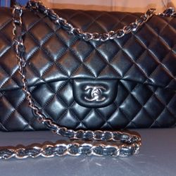Chanel Classic Blk Leather LG Size Lambskin Blk And Silver Shoulder Bag 
