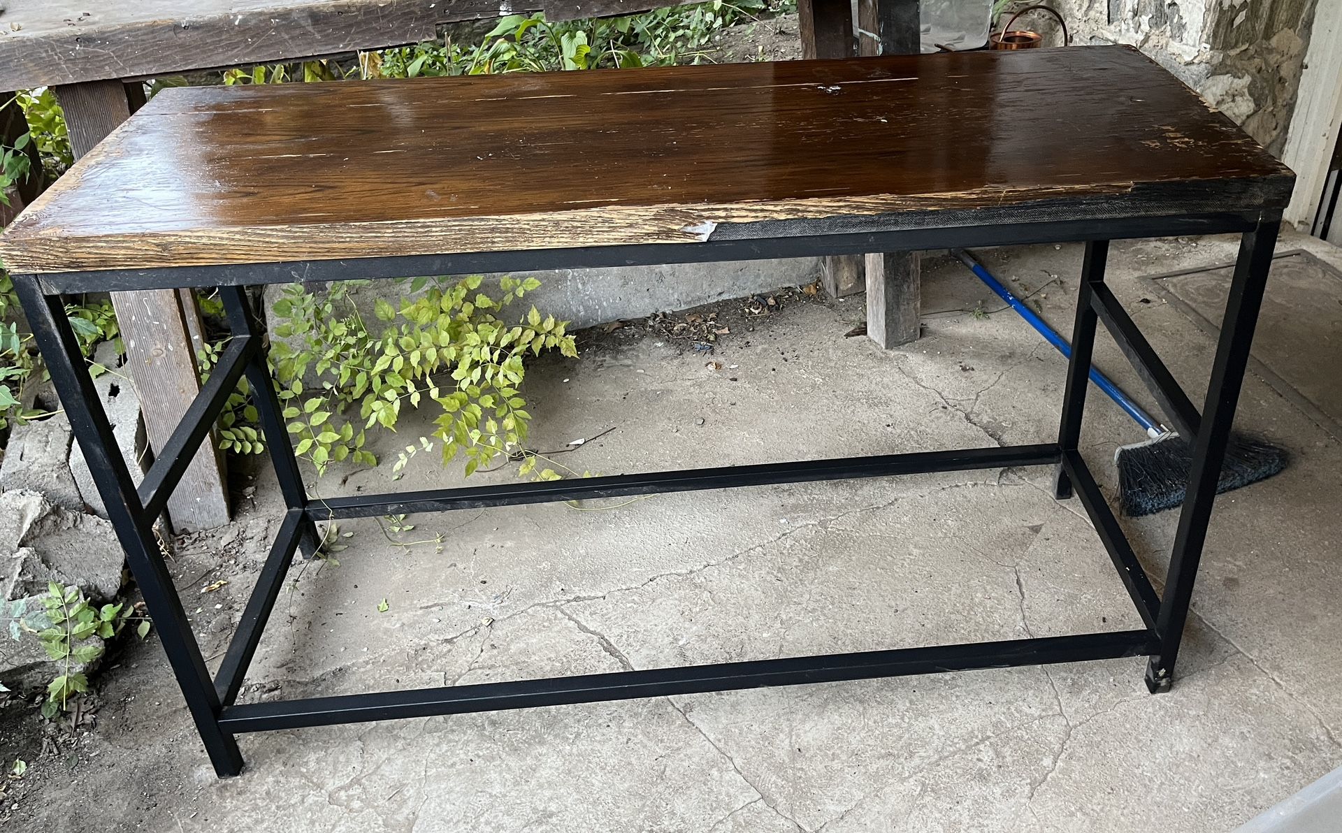 Table- Metal Base - Wood Top - 50" x 18" x 30 high Just Needs A Little DIY