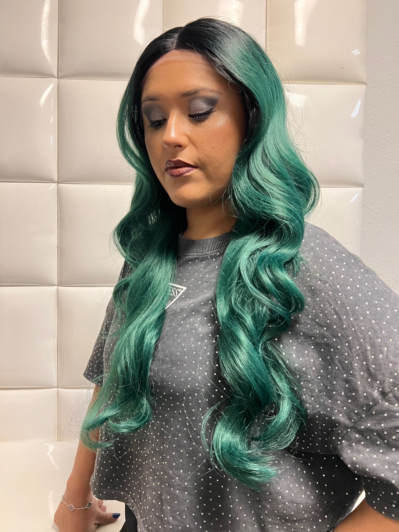 Synthetic Lace Front Wig long Wavy Green Emerald Hair New $60