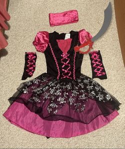 Girls Pirate Halloween Costume with Bandana & Sleeves + FREE Toy Sword – Size 10-12