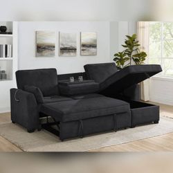 92"W Black Fabric Sleeper Sectional pull out sofa bed with Reversible Storage Chaise, USB Charging Ports, and Cupholders