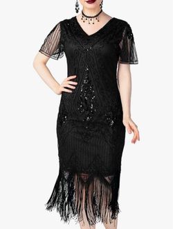 1920s 🖤 BLACK SEQUIN BEADED FRINGE FLAPPER DRESS 🖤 SIZE EXTRA LARGE 🌟NWT🌟