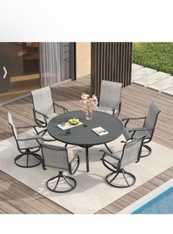 VICLLAX Patio Dining Set for 6, 7 Pieces Outdoor Furniture Includes 53" Round Patio Table with Umbrella Hole and 6 Outdoor Swivel Chairs for Lawn Gard