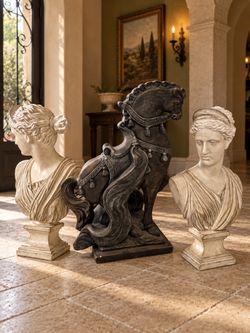 Lot of 3 like NEW WayFair Set of 3 Large Classical Statues – Greco-Roman Busts & Heavy Ornate Horse