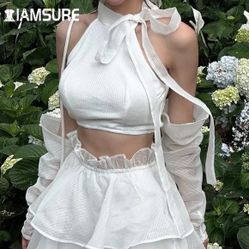 Sleeveless Crop Top And Skirt Set White