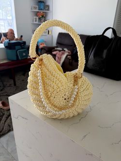Yellow Crochet Handbag with Pearl Chain Strap
