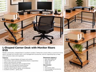 L-Shaped Corner Desk with Monitor Risers