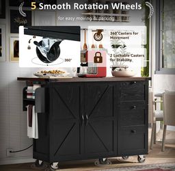 AS IS Assembled New 54.5" Farmhouse Kitchen Island w/ Power Outlet Black Rustic Rolling Storage Cart