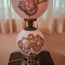 Victorian Hand Painted Rose Parlor Lamp With Double Ball Globe 3-Way Lamp