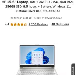 HP 15.6" Laptop, Intel Core i3-1215U, 8GB RAM, 256GB SSD, 8.5 hours + Battery, Windows 11, Natural Silver (8J0Z6UA#ABA)