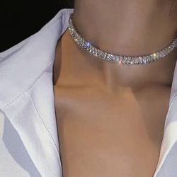 Gorgeous Silver And Cz Choker Style Necklace  