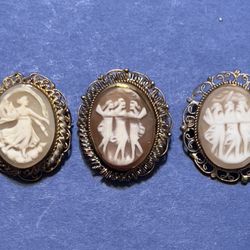 Set Of 3 - Antique carved cameo brooch pendants