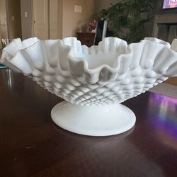 White Milk Glass Hobnail Ruffled Pedastal Bowl