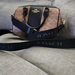 COACH Mini Rowan Crossbody Signature Canvas Stripe Tan/Black