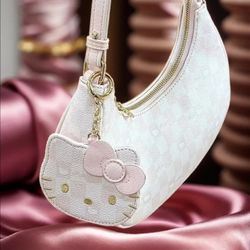SANRIO Cute Hello Kitty Sweet Light Pink Crescent Moon Bag, Stylish Shoulder Bag, Saddle Bag, Y2K Handbag 🎀👛✨️🌙