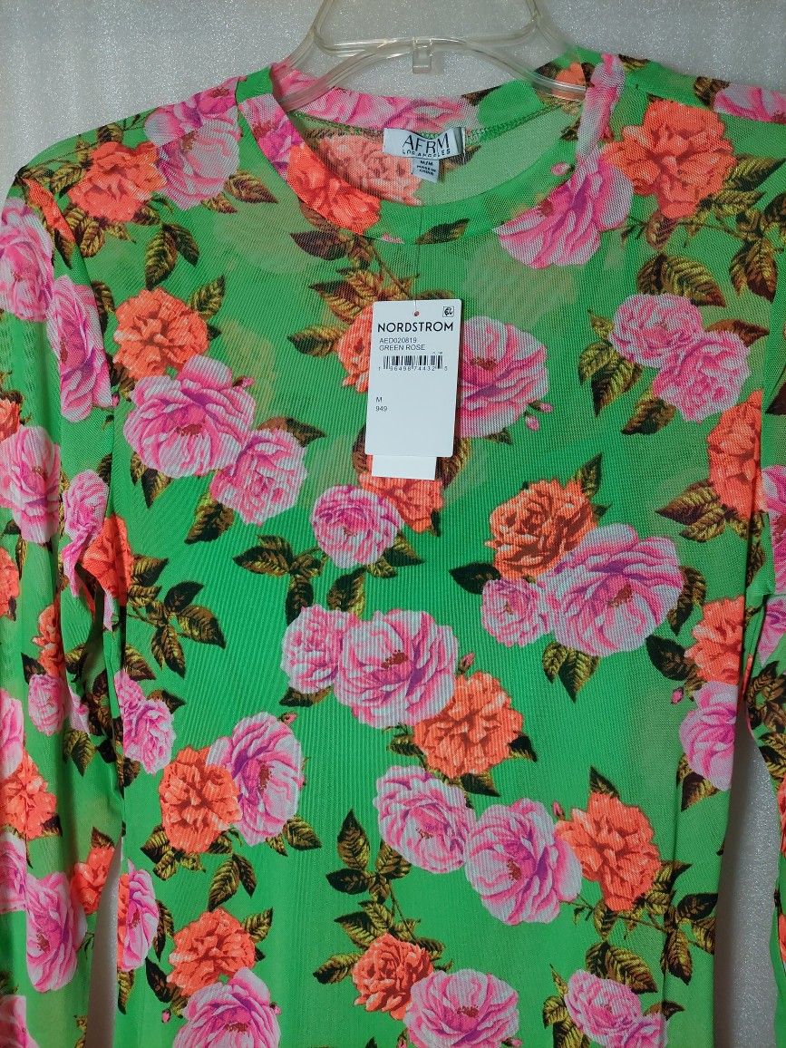 Women's Dress. Long Sleeve Mesh Dress. Beautiful Green With Roses. New With Tags. Size M