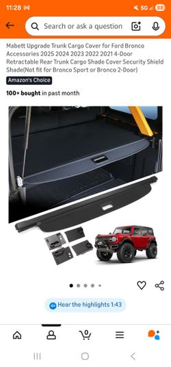 Mabett Upgrade Trunk Cargo Cover for Ford Bronco Accessories 2025 2024 2023 2022 2021 4-Door Retractable Rear Trunk Cargo Shade Cover Security Shield 