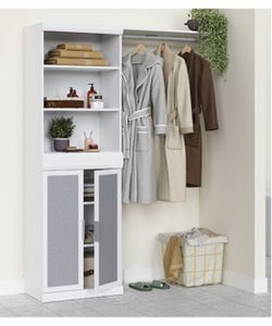 White Storage Cabinet with Open Shelves and Hanging Rod
