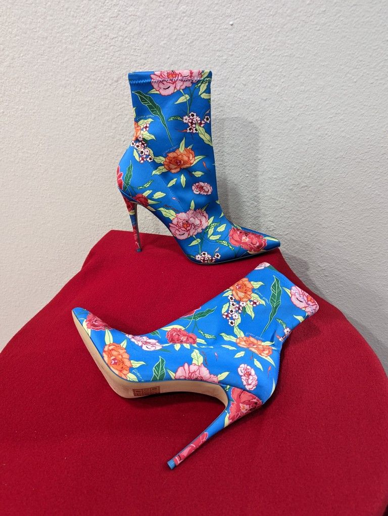 Aldo Blue Satin Floral Ankle High Heel Boots Women Size 9