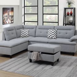 3pc Grey Sectional with Chaise & Ottoman