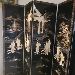 Oriental Black Lacquered Mother Of Pearl Room Divider