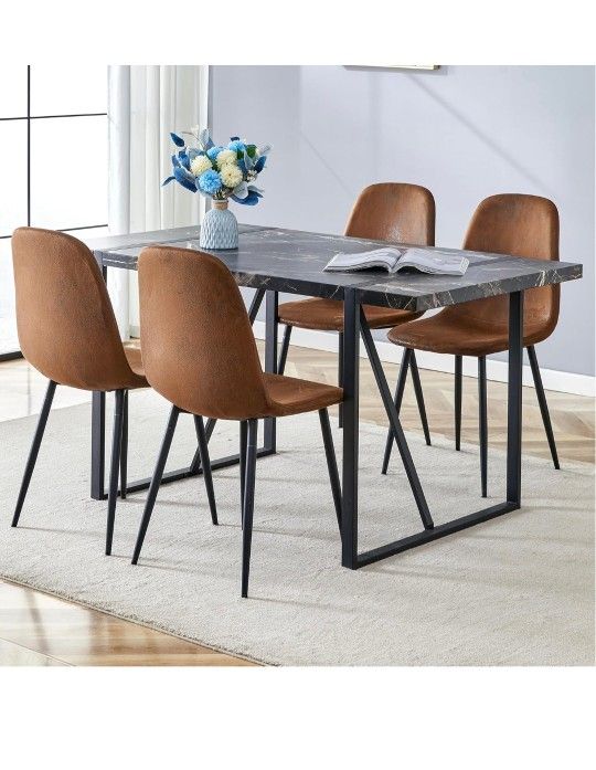 NEW - Black Faux Marble Top Dining Table with Brown Fabric Chairs Set for 4