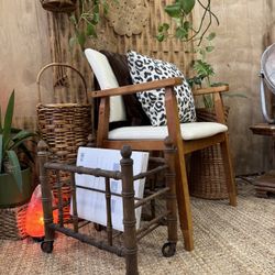 Vintage Faux Bamboo Brown Wood Magazine Record Rack Holder Wheeled Hollywood Regency Boho 