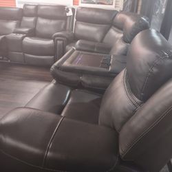 Mia Recliner Sectional Sofa With Four Power Recliners Four Power Headrest  Genuine Leather And The I-table Drop Down 