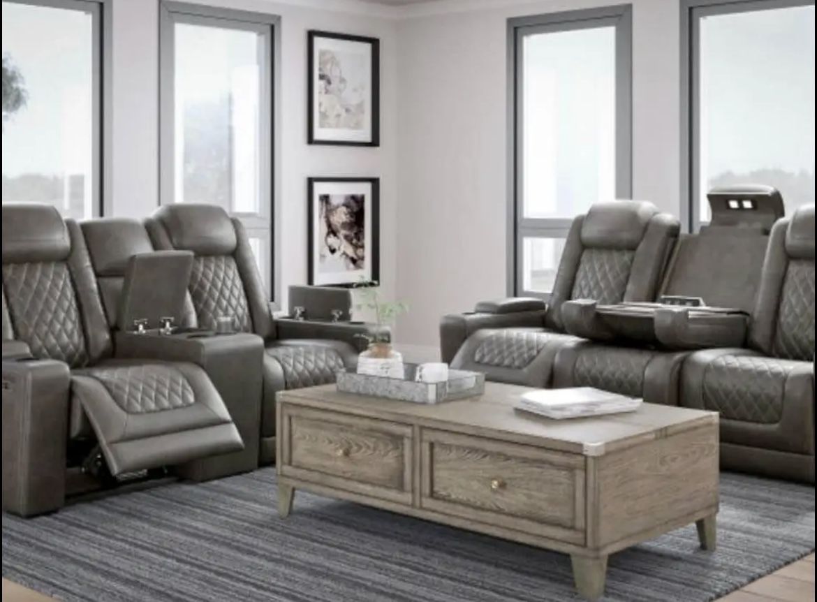 Gray Power Reclining Sofa & Love Seat w/ Console