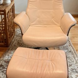 Beige Bone Leather Reclining Swivel Arm Chair with Adjustable Headrest And Ottoman