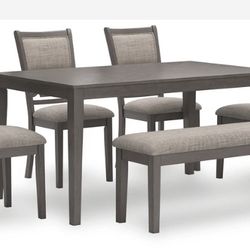 Wrenning Gray Dining Table and 4 Chairs and Bench (Set of 6)