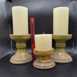 3- Pottery Barn Tuscan Hand-glazed terra cotta  with a crackle finish Candle Holder and Candles.  