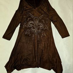 Brown Fleur-De-Lis Rhinestone Tunic Cold Shoulder Asymetrical Bottom Size Small