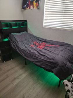 Twin Bed Frame with LED Lights and Storage Headboard