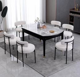 White Boucle Dining Chairs Set of 2, Upholstered Kitchen Dining Room Chairs, Mid-Century Modern Curved Backrest Chairs for Dining Room with Black Meta