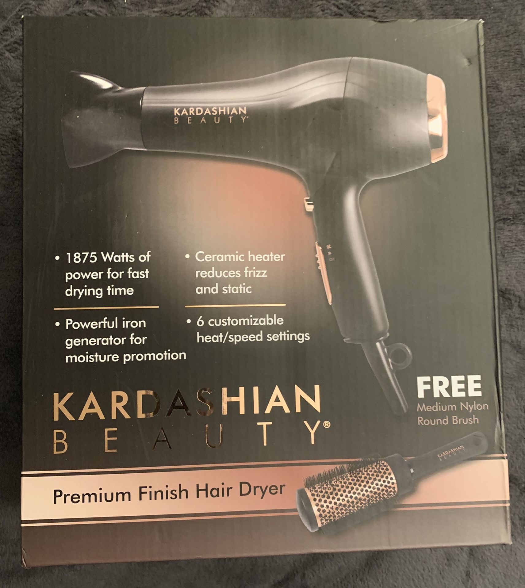 Kardashian Beauty Premium Finish Hair Dryer with Medium Nylon Round Brush Brand new never used.