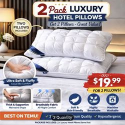 2 Pack Luxury Hotel Pillows – 5-Star Quality Bed Pillows, Soft & Supportive, Breathable, Machine Washable, All-Season Comfort