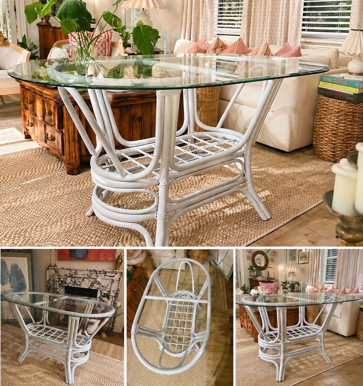 MOVING SALE – MUST GO TODAY Boho Rattan Oval Dining Table / Desk, Glass Top, 59”