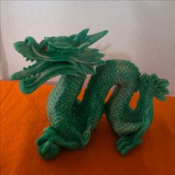 Vintage Green Resin Dragon Figure w/ Red Eyes