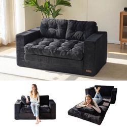 Convertible Sofa Bed, Pull Out Loveseat Sleeper Sofa, 2 in 1 Folding Couch Bed, Tufted Floor Couch with Pillows for Living Room Bedroom Lounge, Black