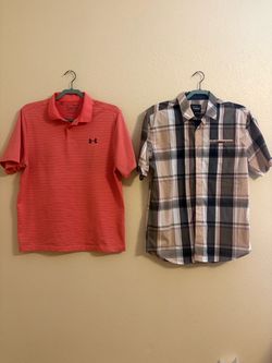Lot of 2 Men M Under Armour Salmon Stripe Golf Polo & Veno Plaid Button Up Shirt