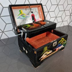 Vintage 1950s Japanese Lacquer Box with Compartments, Hand Painted Mirror