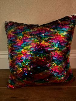 Vibrant rainbow sequin mermaid pillow reversible sequins that change from multicolored to silver