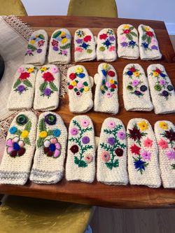 Hand-Knit Wool Mittens with Floral Embroidery