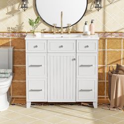 36" Bathroom Vanity with Drawers, Adjustable Shelf and Soft-Close Door