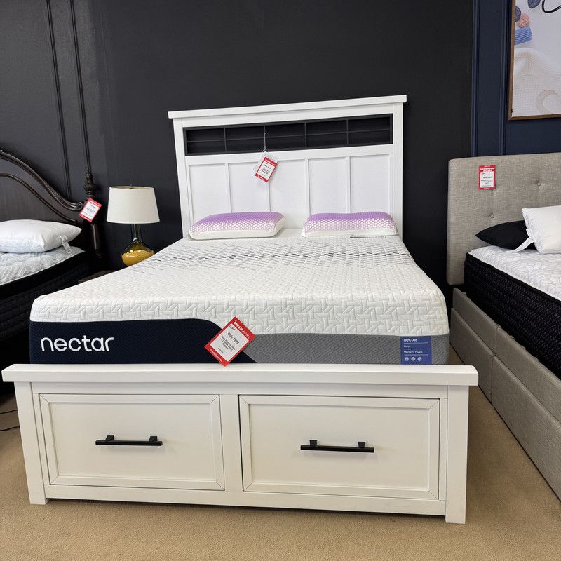 White/Natural Queen Panel Storage Bedroom Set / 5pc incl. Dresser+Mirror+Chest+Nightstand