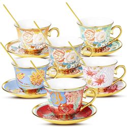  Tea Cups and Saucers Sets of 6, 8 Oz Floral Tea Cups with Spoons Ceramic Cup and Saucer Set for Cappuccino, Espresso, Coffee, Cafe, Latte, Tea for Te