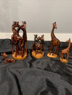 5 Hand Carved Wooden Giraffes