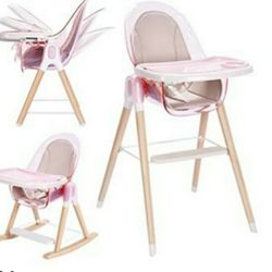 Baby High Chair, 7-in-1 Convertible Wooden High Chair, Rocking Chair Recline Chair with Adjustable Hardwood Leg,  In Pink. New.