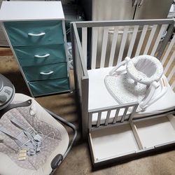 Crib, Baby Swing, Baby Seat, Cloth Dresser.